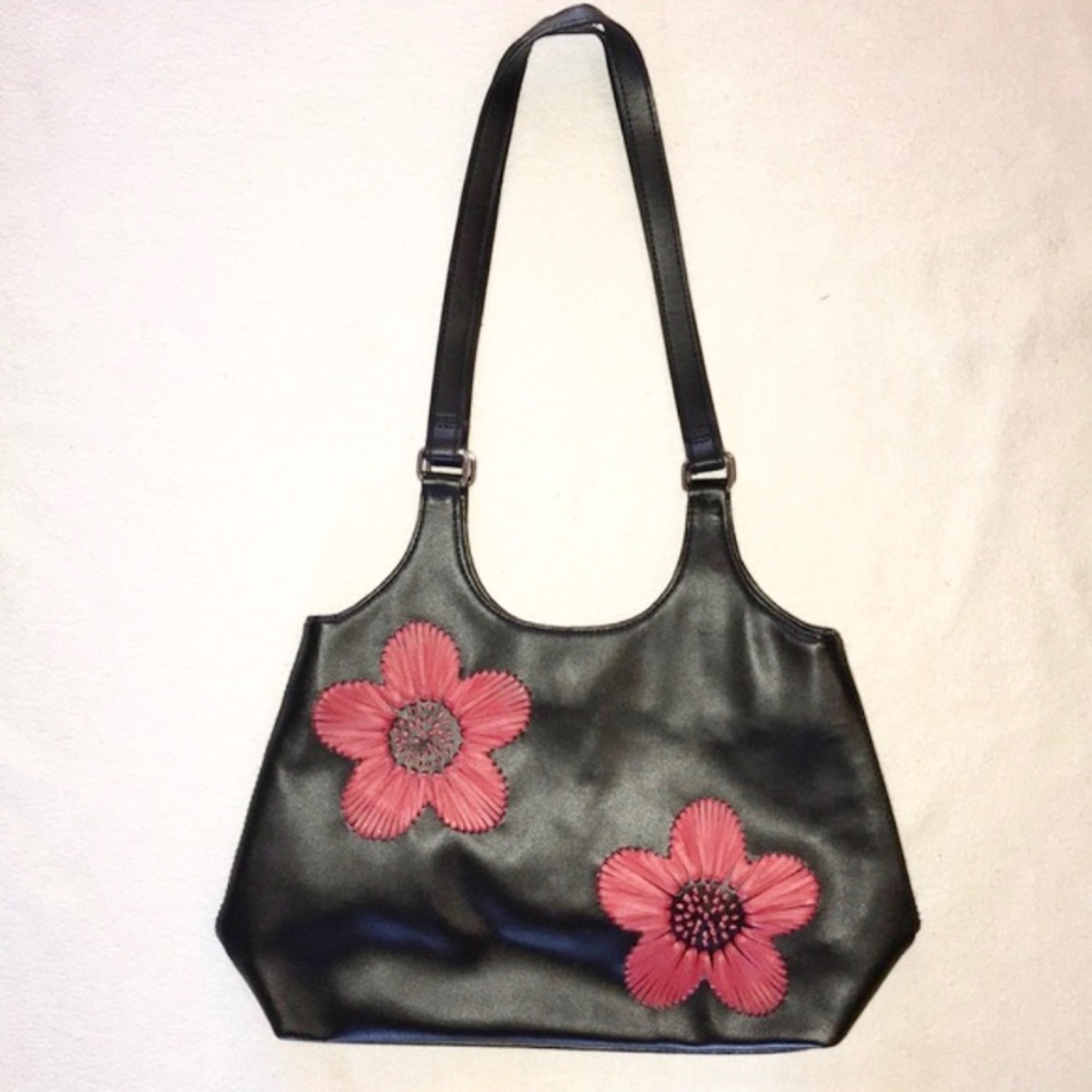 🌹Black Red Rockabilly Embroidered Flowers Faux Leather Purse